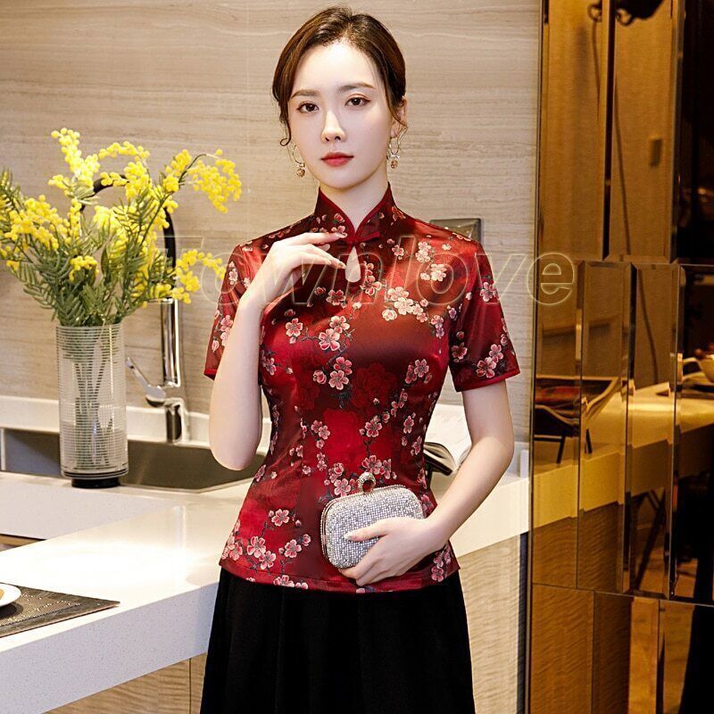 Women Silk Satin Shirt Chinese Traditional Floral Blouse Tops Short Sleeve Qipao
