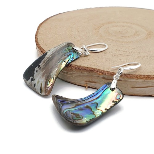 Paua Earrings Rainbow Abalone Natural Shell Dangle Drop Sterling Silver Hooks - Picture 58 of 84