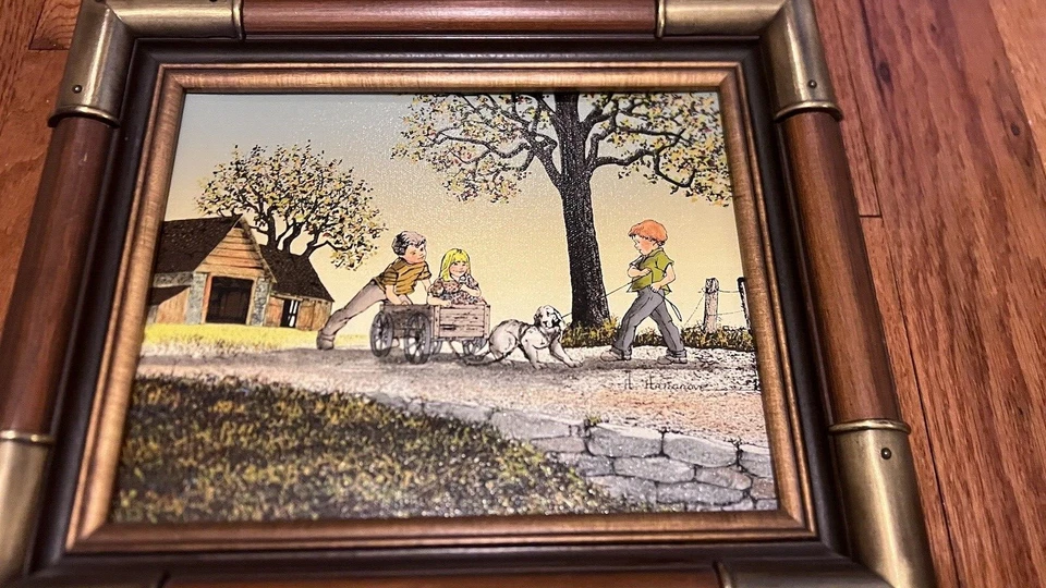 Dog Won't Pull Wagon H Hargrove Framed 12 x 14 Painting on Canvas - Imagem 3 de 4