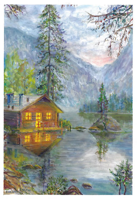 Alpenschloss am See A3 Ölgemälde Original