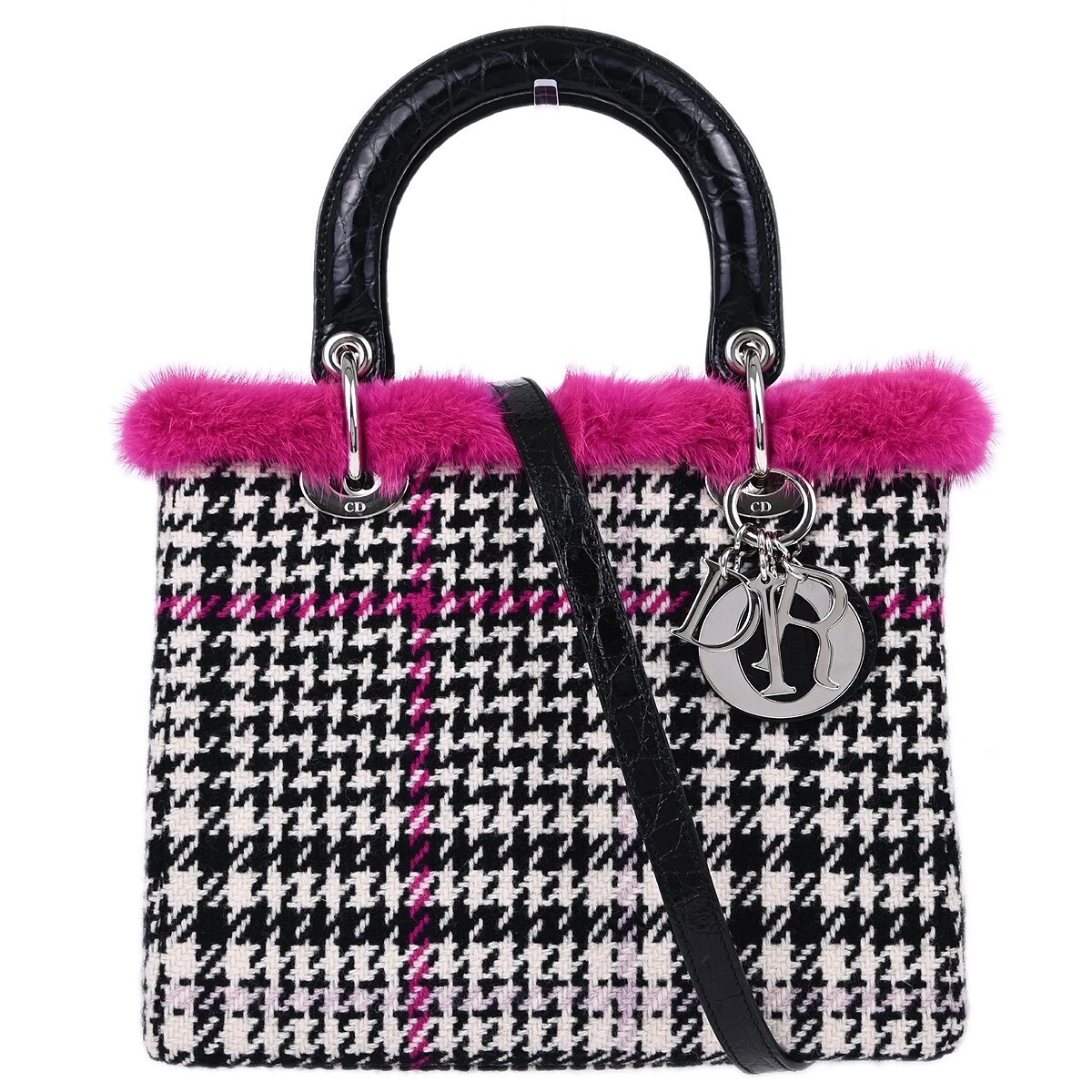 Sac à main Christian Dior noir laine fourrure Lady Dior Cannage 2 voies 05 MA 0153 XX91653