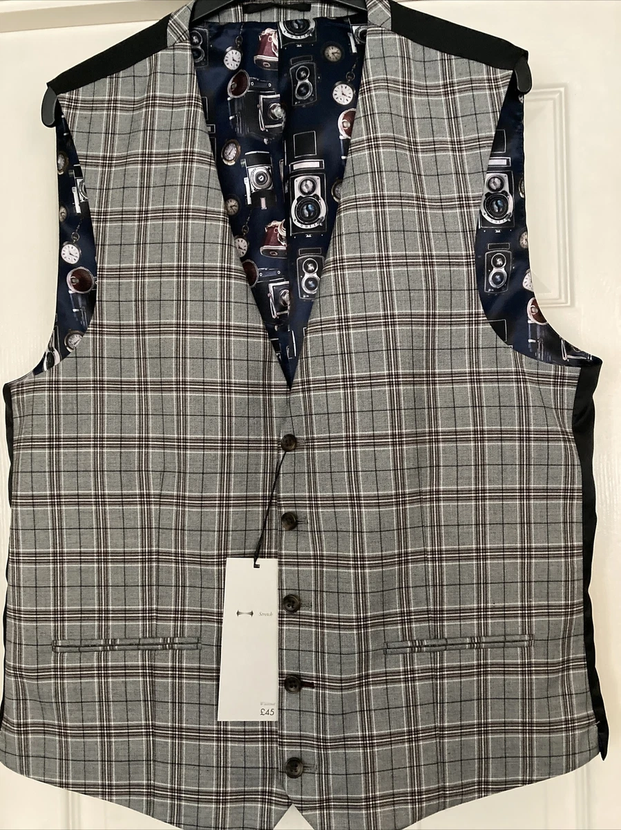 NEXT Tailoring Mens Grey Taupe Check Waistcoat Chest 40in Regular