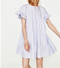 Zara Shirt Dress Womens Blue PEARL Oxford Tiered Flowy Mini Short Sleeve XS