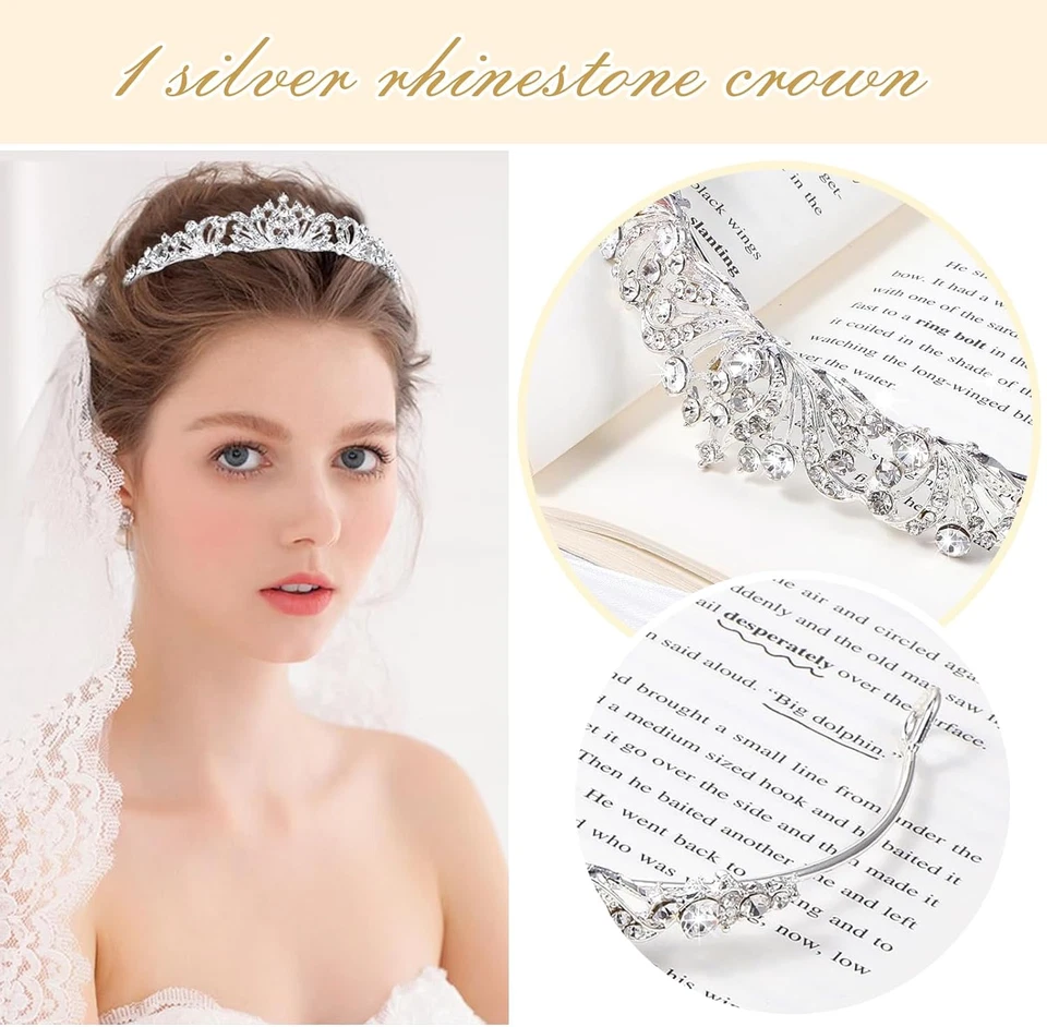 1 Corona Di Strass Argentati Da Donna, Principessa Diadem, Elegante Corona per M - Immagine 4 di 4