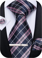 Plaid Ties for Men Silk Checkered Necktie and Pocket Square Cufflinks Tie Clip S