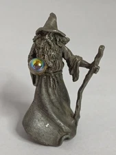 Vintage 1980s Pewter Wizard w Staff & Crystal Ball Good Condition