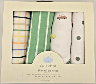 Cloud Island 100% Cotton Flannel Receiving Blankets 4-Pack 30x30 Car/Truck Plaid