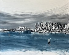 Original strukturiertes Ölgemälde von Freunden Schlittschuhlaufen auf einem winterlichen See blau weiß