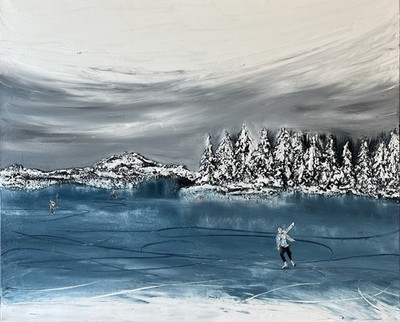 Original strukturiertes Ölgemälde von Freunden Schlittschuhlaufen auf einem winterlichen See blau weiß