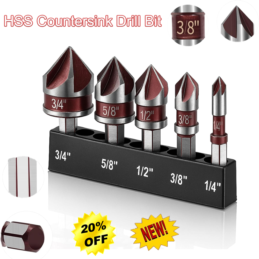 5pcs HSS Countersink Drill Bit 82° 5-Flute M35 Cobalt Chamfer 1/4 Hex Shank