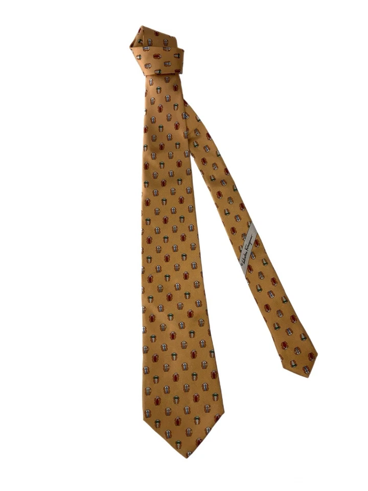 Corbata Salvatore Ferragamo de seda para hombre con estampado de pajarita dorada hecha en Italia YGI Q5-51 Foto 2 de 4