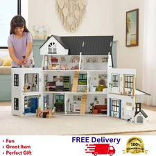 Wooden Dollhouse Mansion Playset Farmhouse 32" Tall Wood Toy Set 3 Years Gift