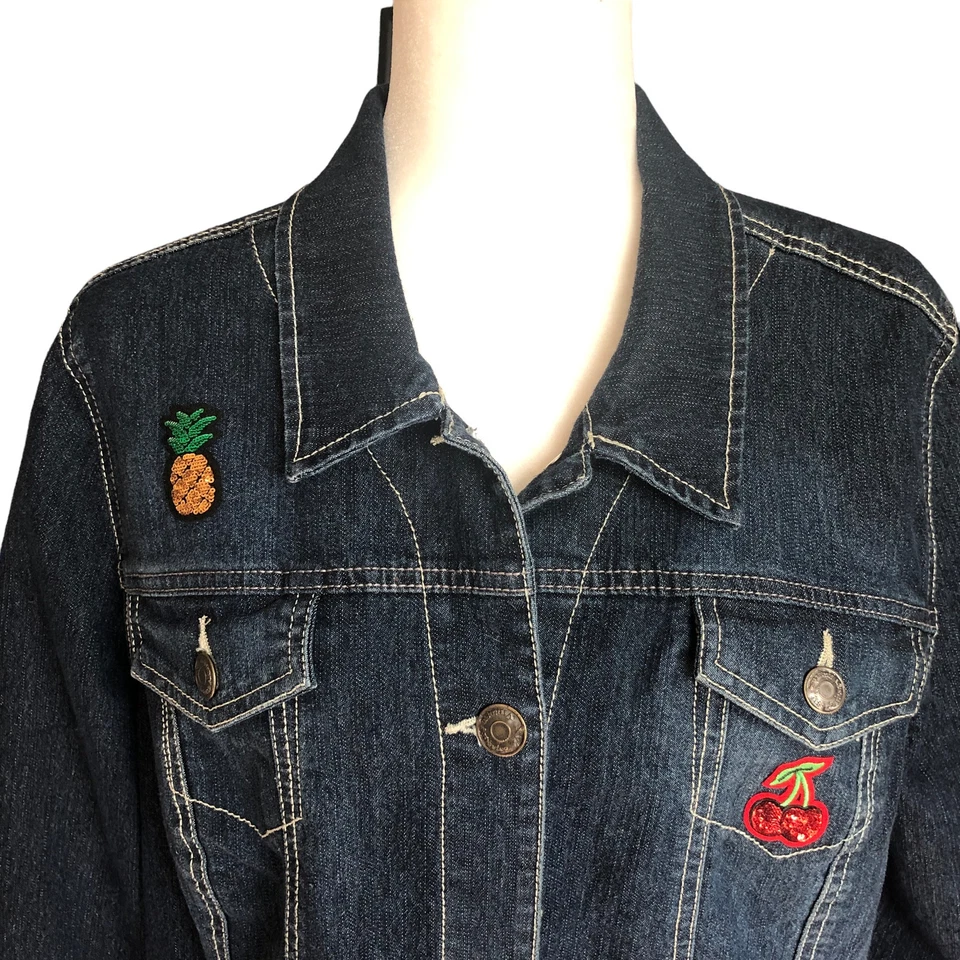 Chaqueta Nine West Vintage America Denim Frutas y Rosas Adornada Botón Frontal XL Foto 2 de 4