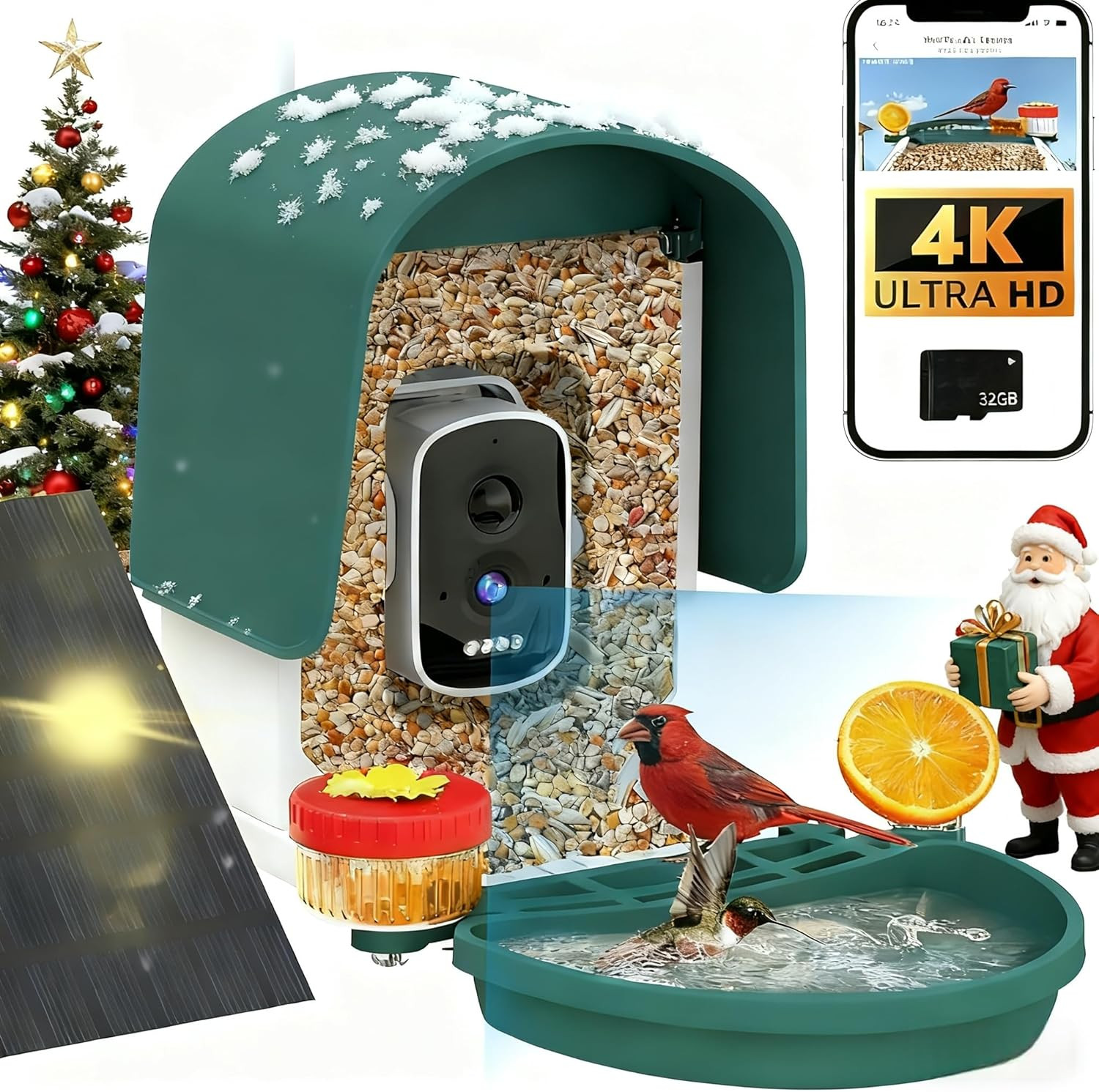 4K Smart Bird Feeder with Camera, Build-In 32GB SD Card & Solar Powered, 5MP Sec