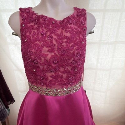 ABBY PARIS Size 14 Fuchsia Beaded Embroidered Satin Long Formal Dress Lot#13