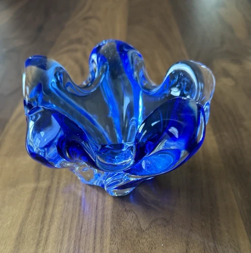 Godinger Cobalt Blue Art Glass Murano Style Sommerso Bowl 6.5” Wide Centerpiece