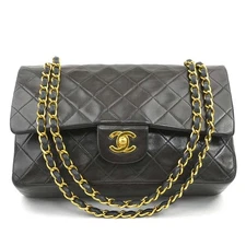 Auth CHANEL Matelasse Double Flap Shoulder Bag Black/Gold Leather/Metal e60851a