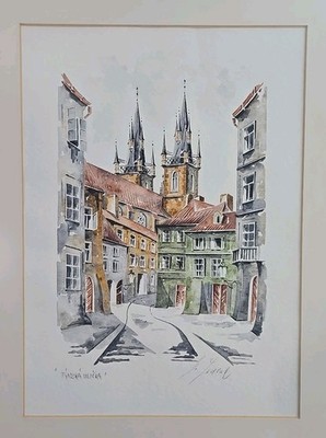 Sedlak Watercolor Ink Tynska Ulicka Prague Signed Framed 29.5x23.5 Exhibition...