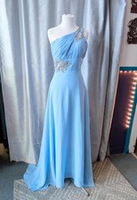 Light Blue Chiffon Silver Sequin One Shoulder Evening Gown with train