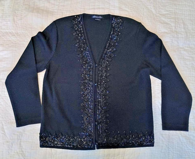 Women's Black Theo Miles Beaded Button Up Cardigan Sweater, Size Large