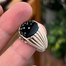 Natural Yemeni Agate Ring For Men, Sterling Silver 925 , Black Aqeeq, Gift