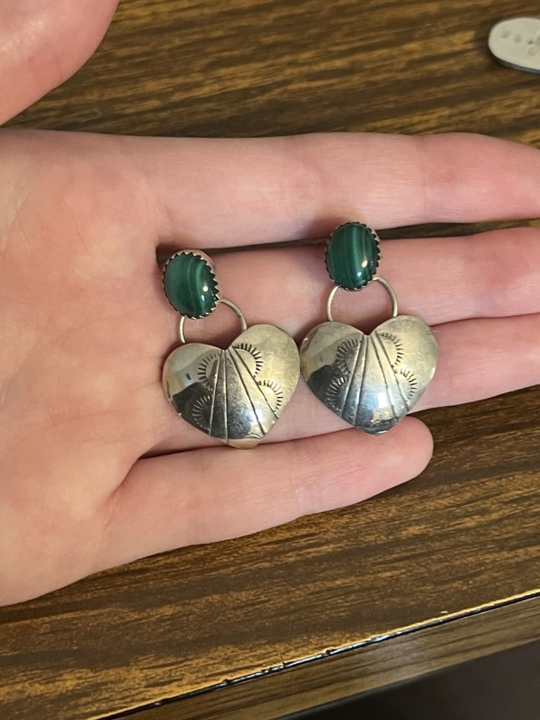 Authentic Sterling Silver S. Skeets Malachite Heart Earrings Southwestern Navajo