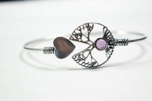 Bracelet Jonc Perle Et Améthyste - Plaqué Or Jaune - Rose-Mimosa