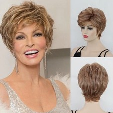 Short Layered Dark Auburn Brown Mix Synthetic Hair Wigs Women Soft Natural