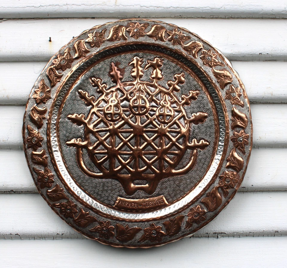 Bandeja grande de cobre estañado plateada vintage-Ankara-Turkiye-Turquía colgante de pared Foto 3 de 4