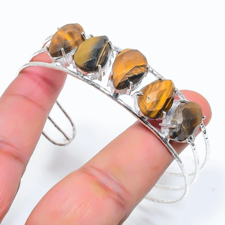 VALENTINO Tiger Eye Gemstone Handmade 925 Sterling Silver Cuff Bracelet Adjustable
