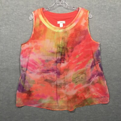 Cj Banks 1X Sheer Colorful Blouse Sleeveless Art Bright Neon Rainbow Pleated