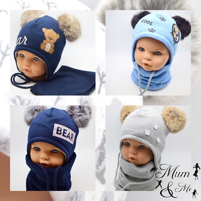 Kids Toddler Boys Winter Hat with Scarf Tie up Warm REAL FUR UK