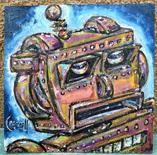 ROBERT THE ROBOT 8x8 wood NEW mech oil painting original WOW$ signed CROWELL US