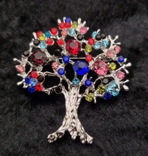 Family Tree of Life Brooch Multicolour Silver Tone Vintage Inspired Jewellery 