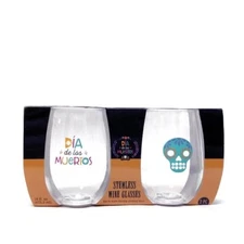 Evriholder Cocktail Stemless Wine Glass 2-Piece Set - Dia del los Muertos 16 oz