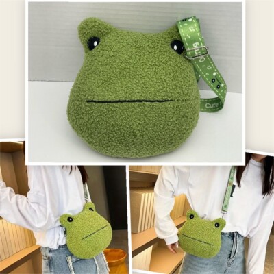 Cute Green Frog Crossbody Bag Frog Head Plush Purse Adjustable Printed Strap
