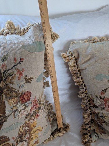 Tapestry Throw Pillows Pair Woven Aubusson Jacquard Needlepoint Urn & Florals - Picture 16 of 16