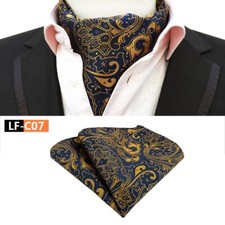 Classic Men's Ascot Cravat Tie Silk Paisley Blue Gold Scarves Cravat Hanky Set