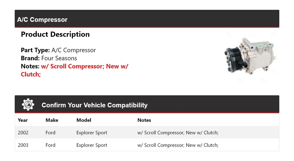 Compresor de aire acondicionado deportivo Ford Explorer 2002-2003 4 estaciones Foto 2 de 4