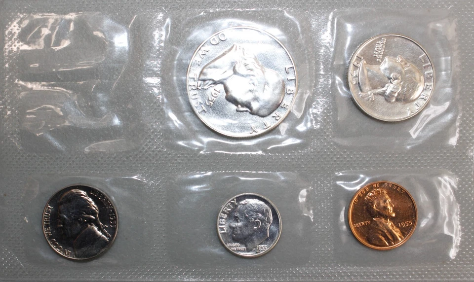 1955 US Proof Set 5 Coin Set 3 Silver Coins 1c-50c In Cello Sleeve with Envelope - Image 2 of 4