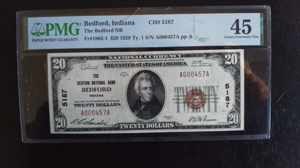 1929 $20 Federal Reserve Bank Note - Bedford Indiana- 5187 Graded PMG 45 Rare - Image 3 of 4