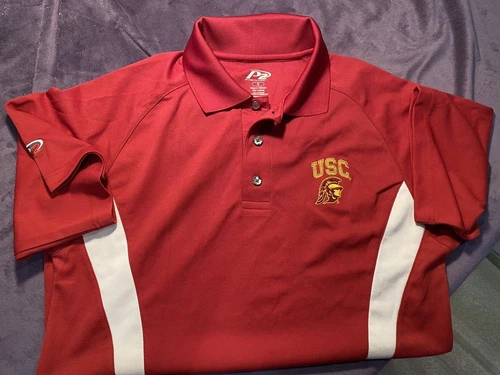 USC P2 Pro Player Golf Polo Size S Shirt Red w/ Gold Trojan Logo Wht Stripe