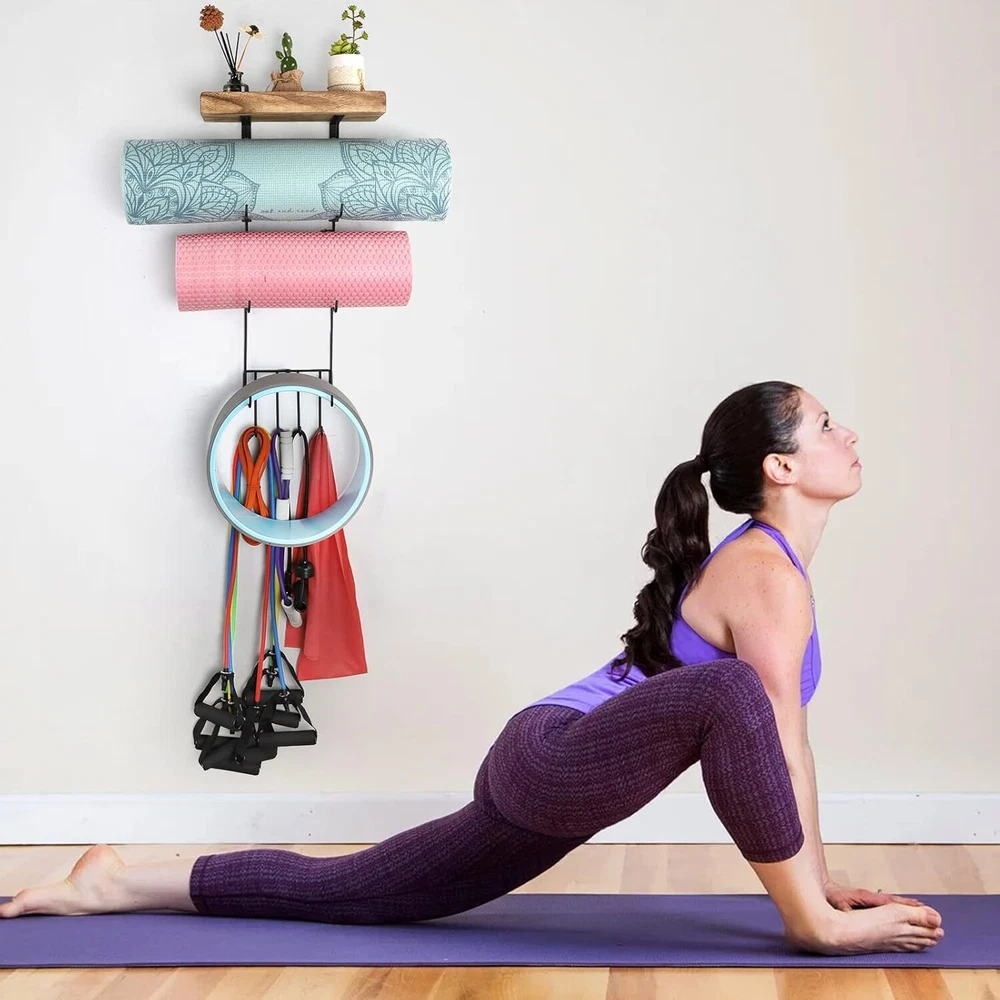 Yoga Mat Holder Wall Mount Yoga Mat Storage Home Gym Accessories with Wood Float