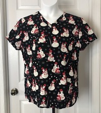 Willow Brook Scrub Top Womens XL Black Snowmen Snowflakes Winter Theme Design