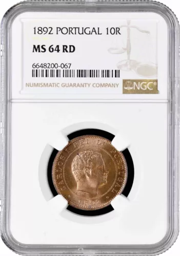 Portugal 10 reis 1892, NGC MS64 RD, "King Carlos I (1889 - 1908)"