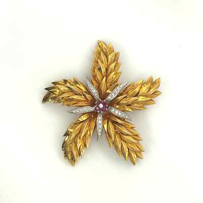 Tiffany & Co 18K Ruby and Diamond Flower Brooch - VHK#161