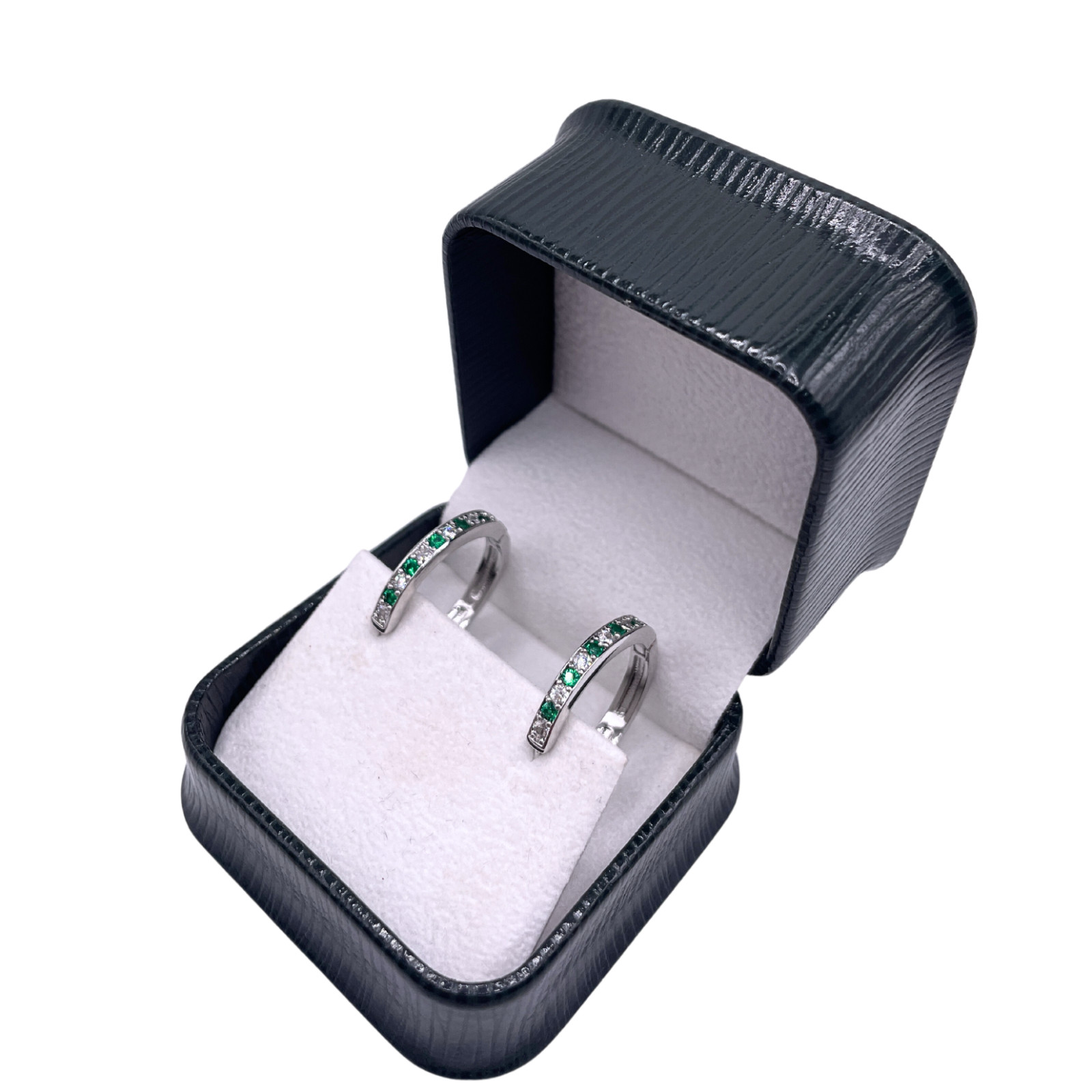 White Gold Finish Huggies Hoop Green Emerald and Created Diamond earrings