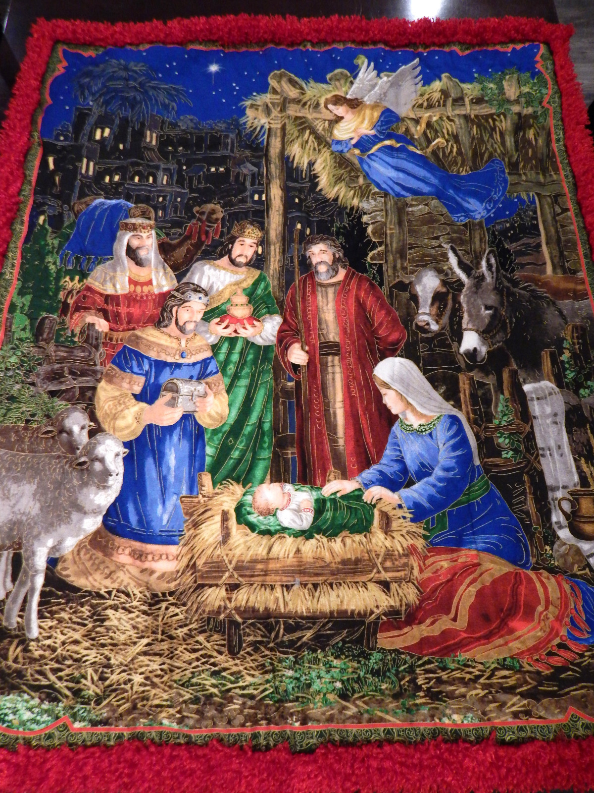VTG NATIVITY SCENE FABRIC WALL HANGING SOFT BLANKET TEXTILE ART PRINT