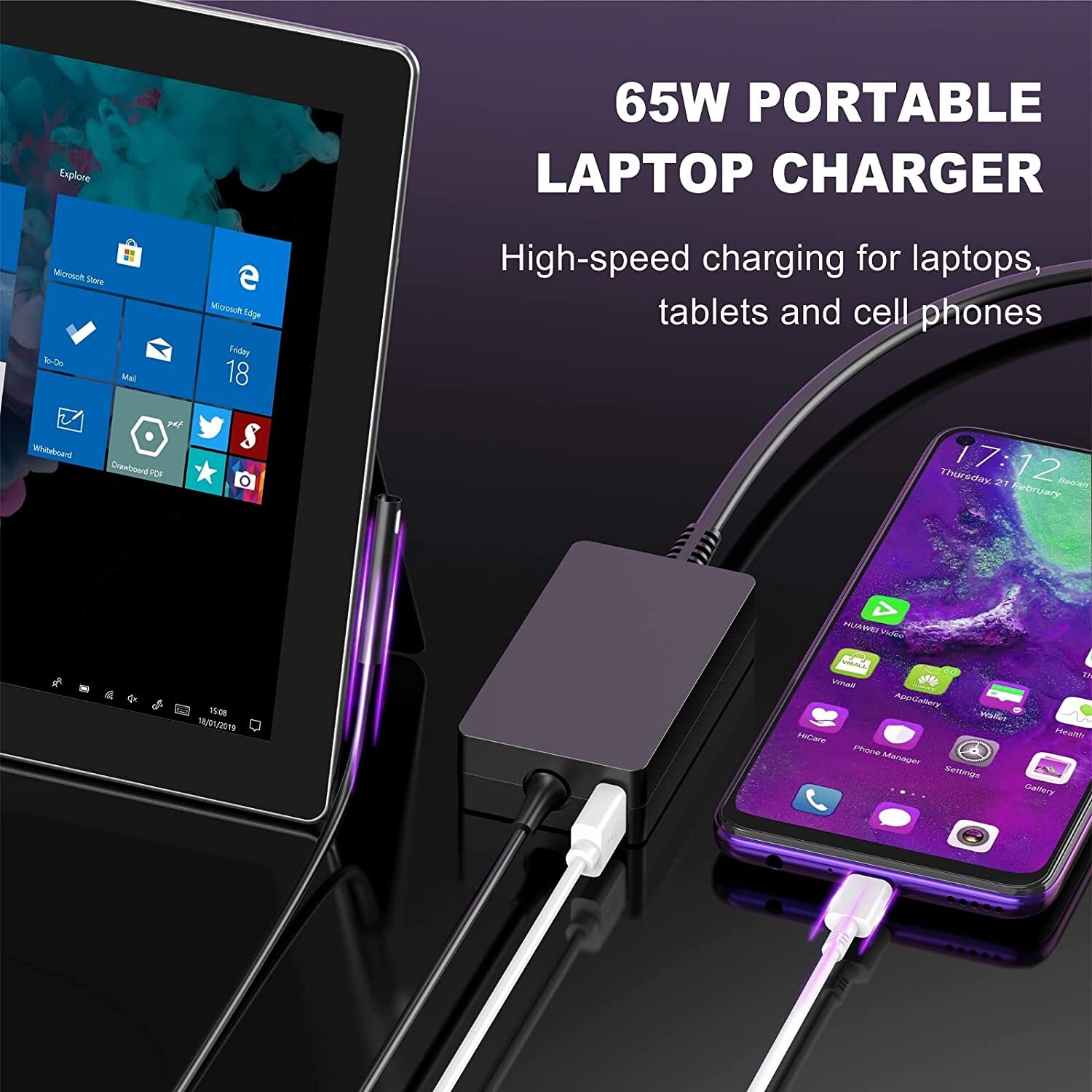 Chargeur Surface Pro 65W noir d'alimentation pour PC portable Microsoft Surface