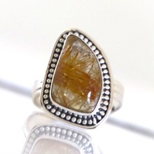 GOLDEN RUTILATED QUARTZ GEMSTONE RING 925 STERLING SILVER JEWELRY RING 3 TO 12